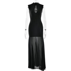 High Neck Cut Out Mesh Slit Maxi Dress