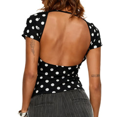 Polka Dot Short Cap Sleeve Open Back Top