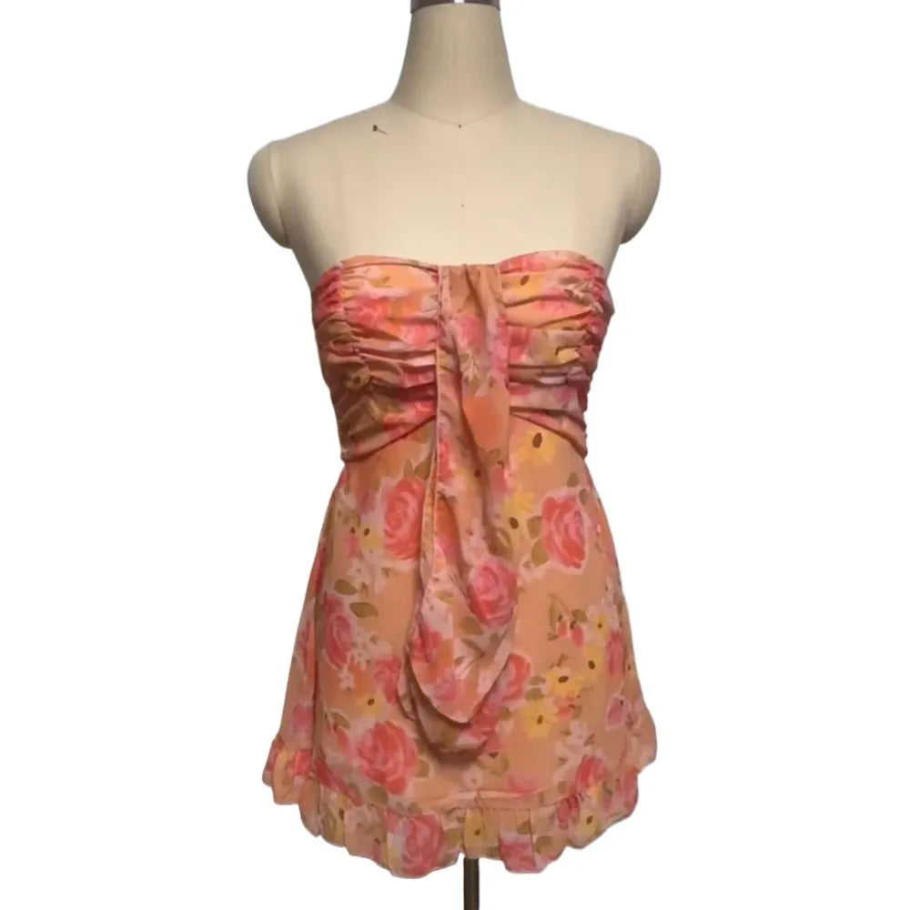 Floral strapless dress on a mannequin