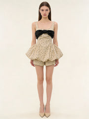 Polka Dot Bow Embellished Bubble Hem Mini Dress With Shorts