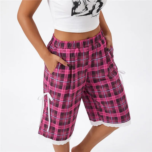 Elastic Waist Knee Length Plaid Camo Print Lace Trim Bermuda Capri Shorts