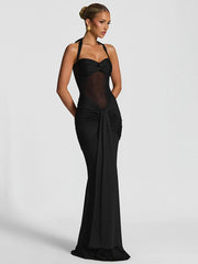 Sheer Patchwork Wrap Tie Up Maxi Dress