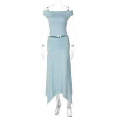 Solid Off-Shoulder Crop Top High Waist Midi Skirt Set