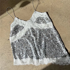 Sequin Lace Spaghetti Strap Asymmetrical Hem Top