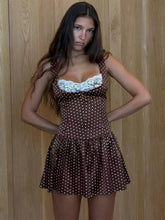 Brown Polka Dot Satin Lace Trim Mini Dress