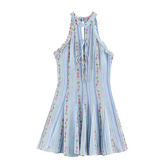 Blue Floral Stripes Print Sleeveless Mini Dress