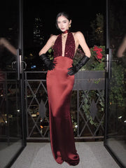 Burgundy Satin Sequin Plunge V-neck Drape Maxi Dress