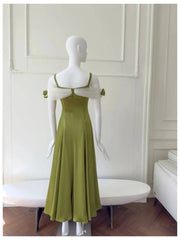Green Satin Off-shoulder Patchwork Mesh 3d Flower Midi Dress