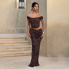 Leopard Print Off Shoulder Crop Top And Maxi Skirt Set