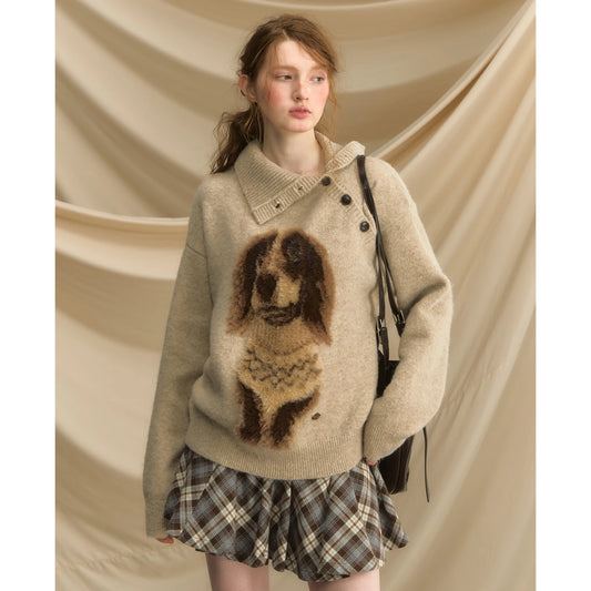 Dog Jacquard Knitted Button-Up Lapel Sweater
