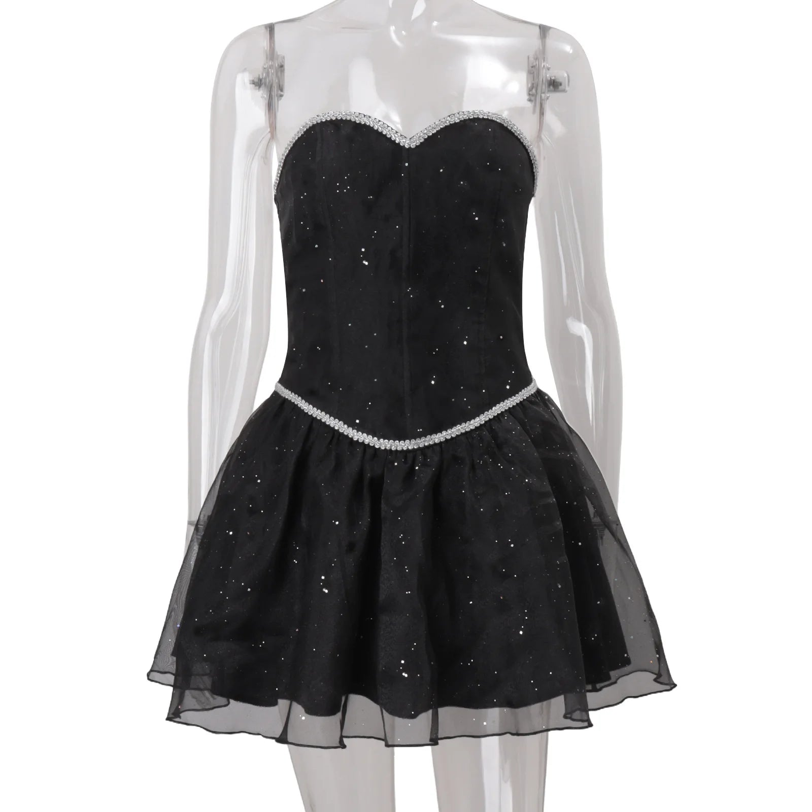 Black dress with silver embellishments on a mannequin