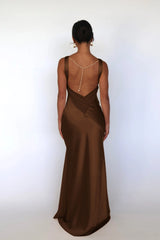 V-neck Satin Backless Pearl Chain Long Dress