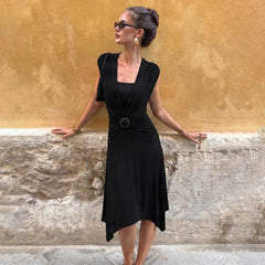 Buckle Wrapped Short Sleeve Midi Dress