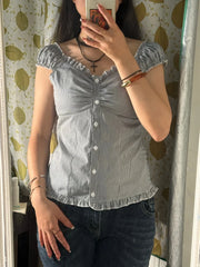 Ruffle Hem Short Sleeve Button Up Top