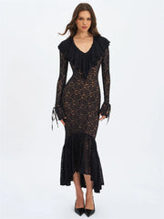 Black Lace Ruffled Long Sleeve Maxi Dress