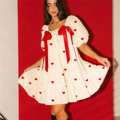 Heart Print Short Puff Sleeve Square Neck Bow Mini Dress