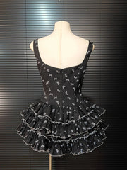 Black Ruffles Bow Printed Mini Dress