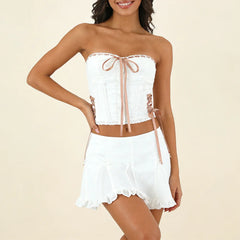 White Strapless Ribbion Lace Up Corset Top And Frill Bow Mini Skirt Set