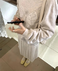 Grey Lace Bow Patchwork Sweatshirt
