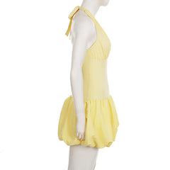 Yellow Halter Tie Up Puff Hem Mini Dress