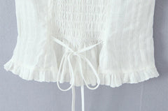 White Ruched Off-Shoulder Smocked Tie Up Top