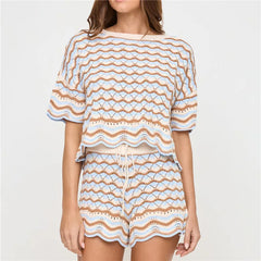Wavy Stripe Knit Cropped Top and Drawstring Shorts Set