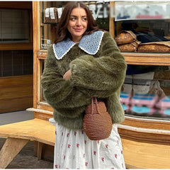 Ruffled Peter Pan Collar Fur Coat