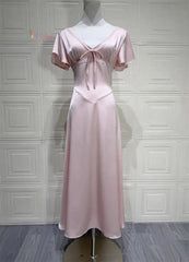 Pink Satin V-Neck Short Sleeve Tie Up Midi Dress