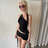 Asymmetrical Halter Slant Neck Studded Top And Low Waist Shorts with Rivets Belt Set