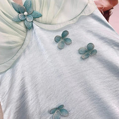 Blue 3D Flower Applique Mesh Halter Midi Dress