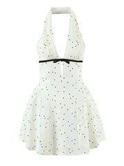 White Polka Dot Halter Bow Accent Waist Pleated Bodice Mini Dress