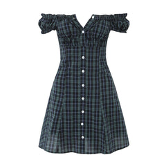 Off-Shoulder Plaid Buttoned Mini Dress