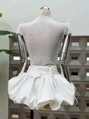 Lace Sheer Corset Crop Top And Wide Belt Bubble Hem Skirt Set