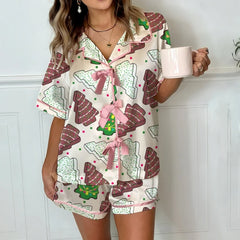 Christmas Santa Claus Print Pink Bow Shirt and Pants Pyjama Set