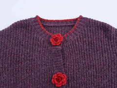 Knit Flower Buttoned Fuzzy Cardigan