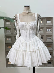 White Lace Up Spaghetti Strap Tiered Flared Mini Dress