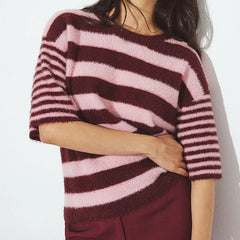 Half Sleeve Round Neck Striped Knit Top
