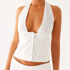 Printed Tie-up Halter Deep V-Neck Crop Top