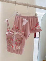 Pink Lace Embroidery 4 Piece Pajama Set