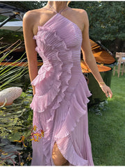 Ruffles Tiered Halter Strap Midi Dress - Casual Slim Fit