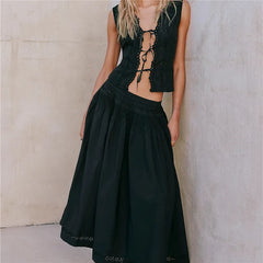 Front Tie Eyelet Tank Top And Long Skirt Set