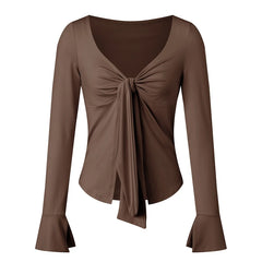 Knotted Front Tie Bell Sleeve Crop Top