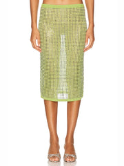 Green O Neck Sleeveless Crystal Top And Mesh Midi Skirt Set