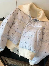 Blue Floral Print Puffer Ribbed Trim Zipper Jacket