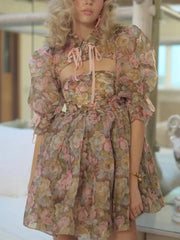 Green Floral Mesh Strapless A-line Mini Dress With Removable High Collar Bow Sleeves