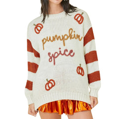 Stripe Round Neck Pumpkin Spice Sweater