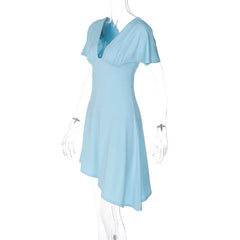 Blue Deep V-Neck Short Sleeve Asymmetrical Hem Midi Dress