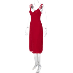 Red Lace Up Sling Midi Dress