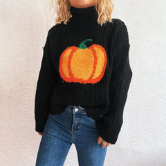 Halloween Pumpkin Embroidery Turtleneck Sweater