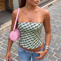 Plaid Solid Strapless Corset Top